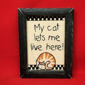 Distressed Framed Art Embroidered My Cat Lets Me Live Here